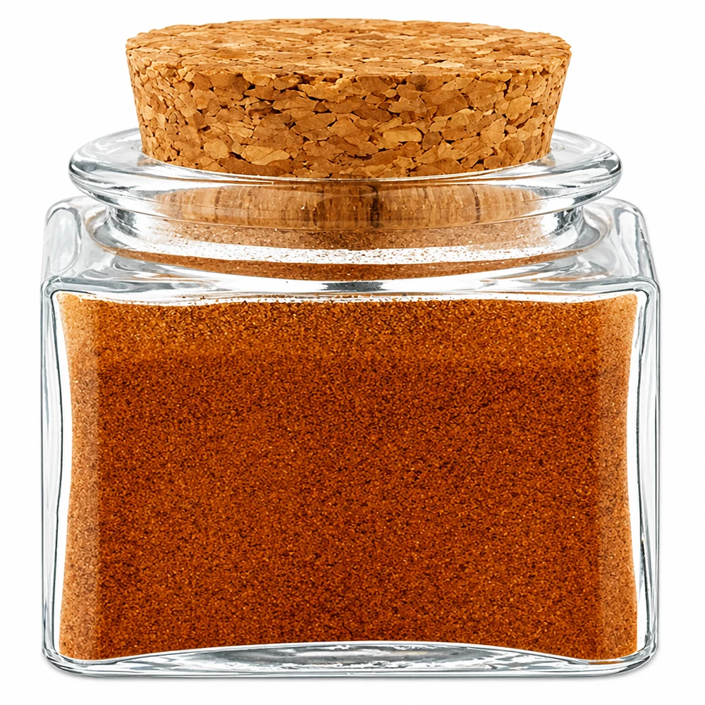 Kryddburkidé: Korkflaska Quadratus 40 ml klar, öppning 28 mm, med kork Quadratus kryddburk 40 ml med kork, fylld med rött kryddpulver