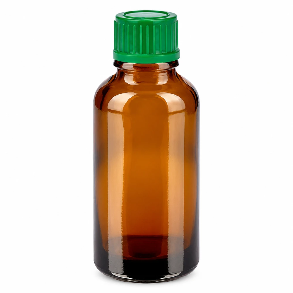 30 ml flaska 11 mm skruvkork grön Standard BrownLine UT18/30 30 ml bärnstensfärgad glasflaska med grönt skruvlock för eteriska oljor och läkemedel