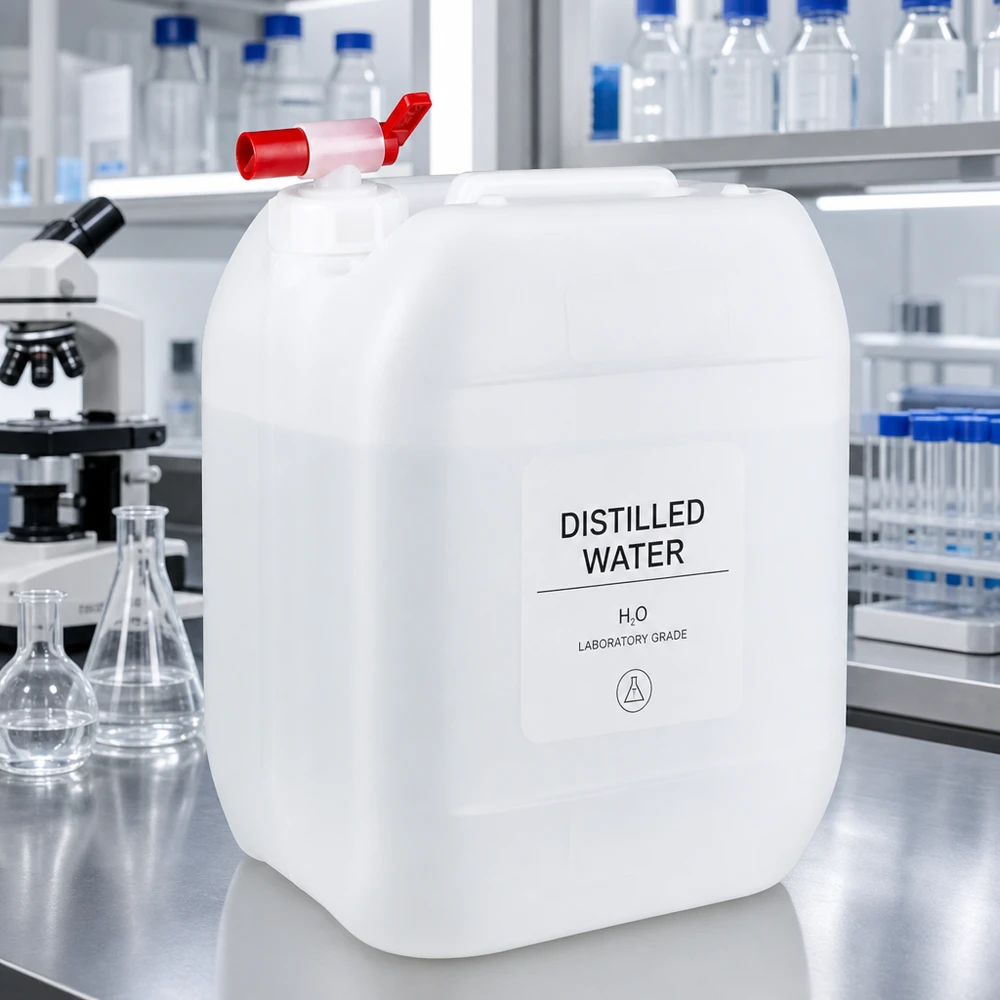 Dunk 10 liter med avtappningskran 10-liters laboratoriekanister med röd utloppskran, fylld med destillerat vatten, på ett bord av rostfritt stål
