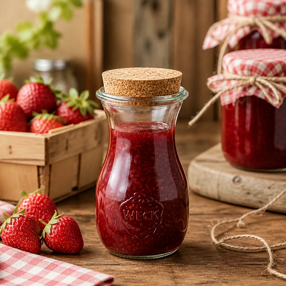 290ml juiceflaska WECK RR60 med kork naturell WECK juiceflaska 290ml med kork fylld med jordgubbssylt i rustikt kök med färska jordgubbar