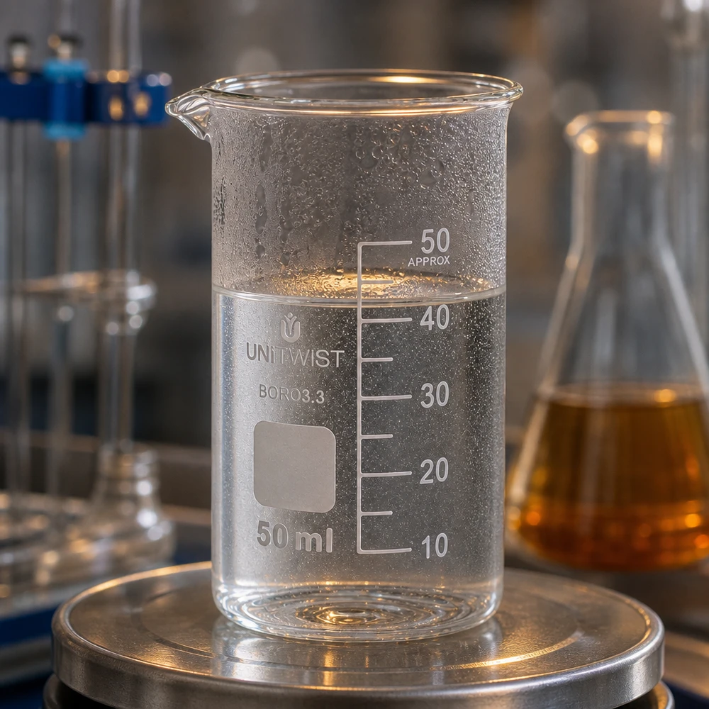 UNITWIST Bägare 50 ml, hög form, borosilikatglas, på laboratorievåg med kondens på utsidan