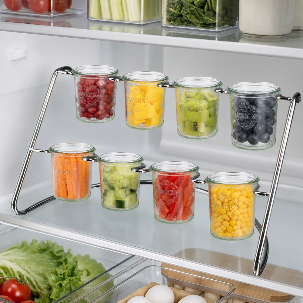 Serveringsställ Flato8 för 8 WECK-burkar Flato8 serveringsställ i kylskåpet med färsk frukt och grönsaker i WECK-glas för praktisk förvaring