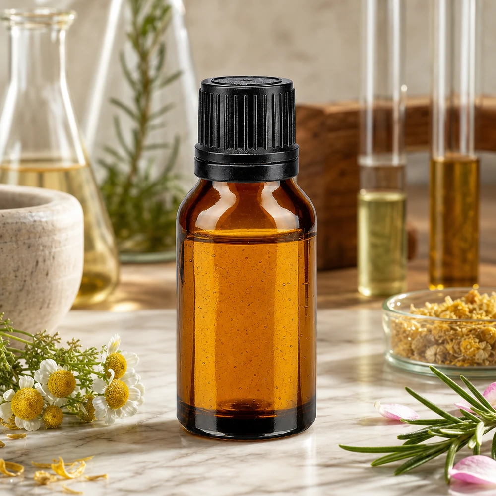 En bärnstensfärgad flaska på 15 ml med svart skruvlock, omgiven av kamomillblommor och rosmarin
