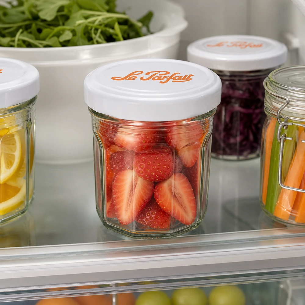 Le Parfait® Mini‑Jam 44 ml Ø48 mm burk Le Parfait Mini-Sturzgläser 44ml mit frischen Erdbeeren im Kühlschrank - praktische Aufbewahrung für Früchte