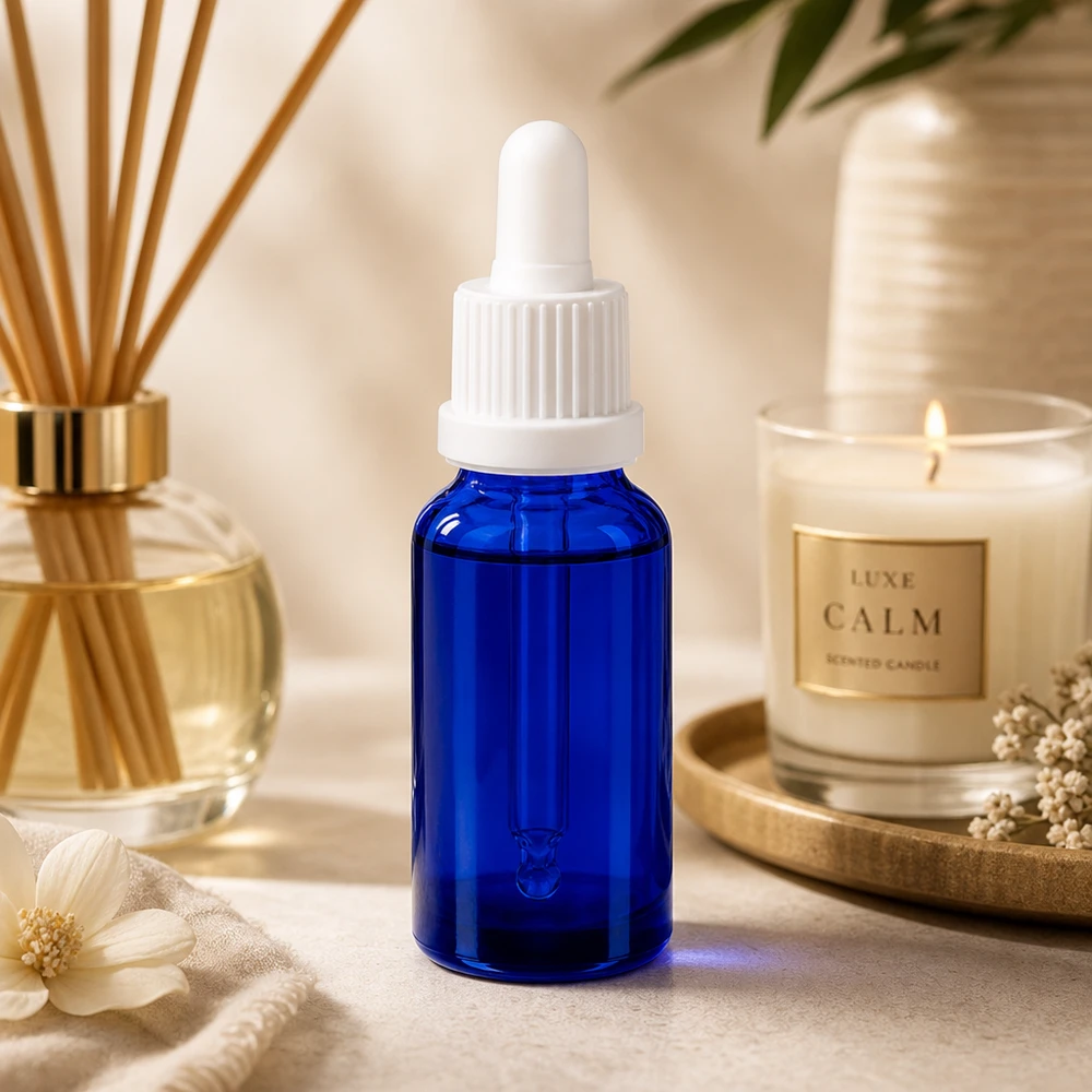 20 ml pipettflaska vit med säkerhetsförslutning BlueLine UT18/20 Högkvalitativ 20 ml glasflaska med droppipett i intensivt blått för serum och tinkturer