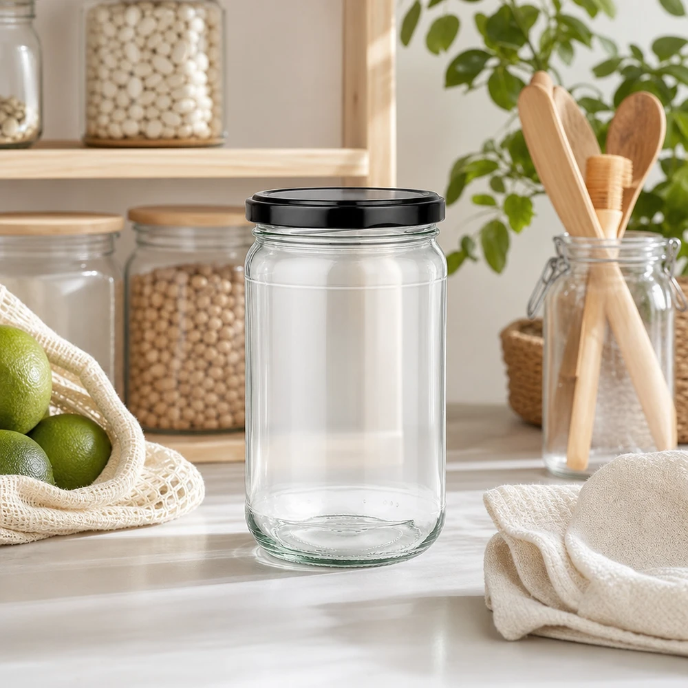 Rund burk 305 ml med lock BasicSeal svart UNiTWIST 305ml Rundglas UNiTWIST mit schwarzem Deckel in moderner Zero-Waste Küche neben Holzutensilien und Limetten