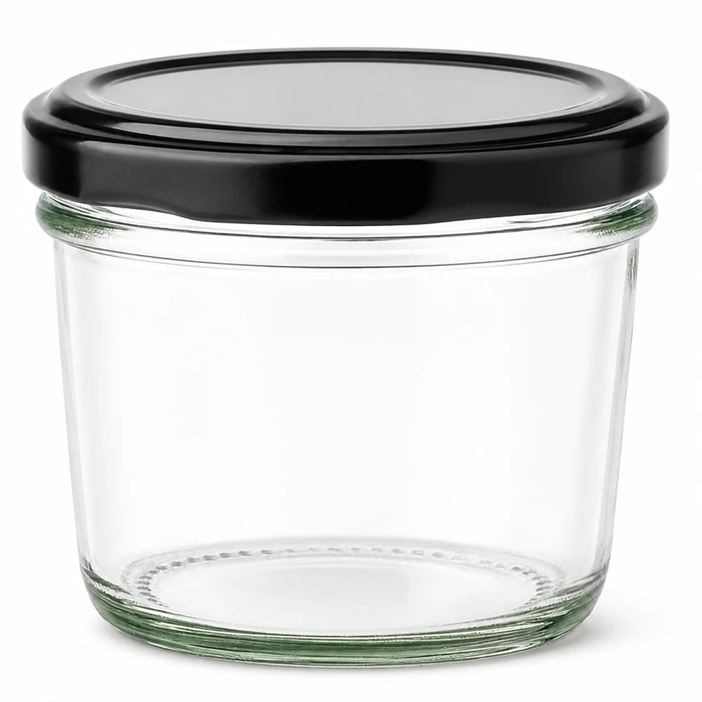 230 ml murarburk med svart BasicSeal-lock av klarglas för sylt och konserver