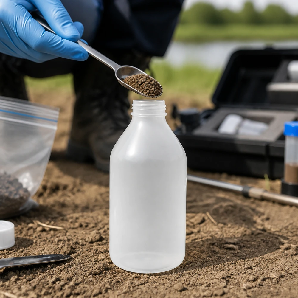 500 ml laboratorieflaska med smal hals, genomskinlig och utan lock, för provtagning av markprover utomhus