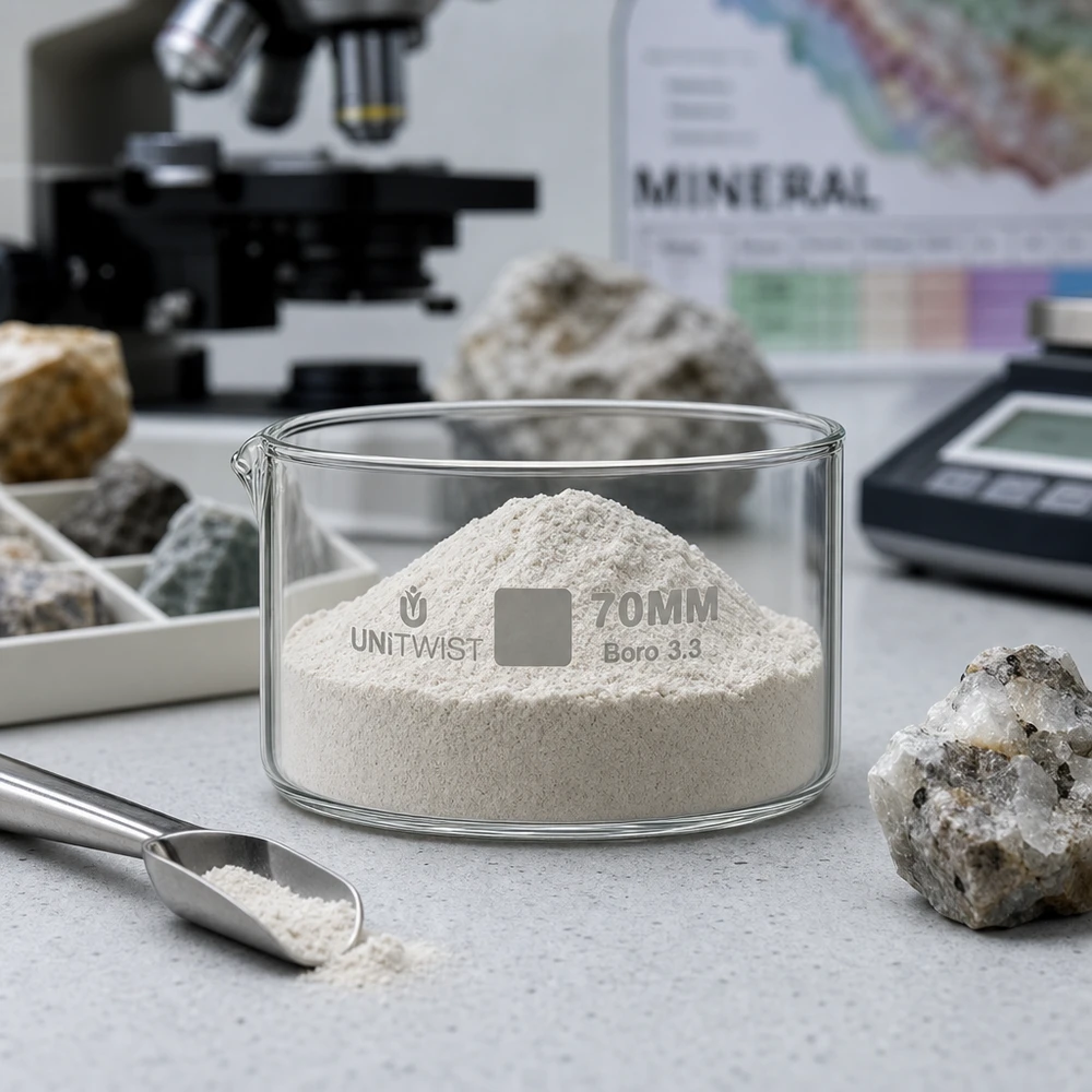 Kristallisationsskål 70 mm UNiTWIST Boro 3.3 med vitt mineralpulver i geologilaboratoriet