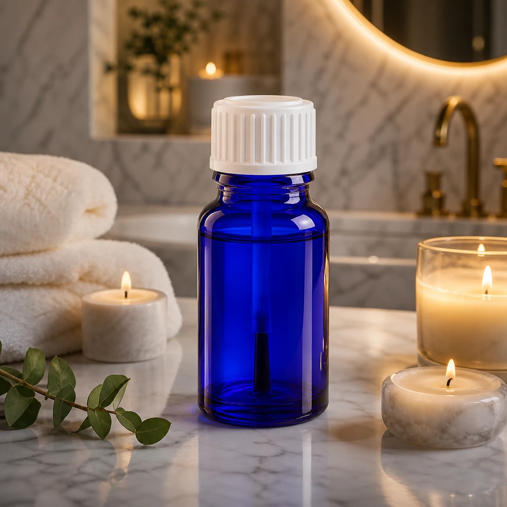 Apoteksflaska blå 10ml skruvlock vit borste Blå 10 ml ApoGlas-flaska med vit penselmunstycke på marmor bredvid ljus och handdukar
