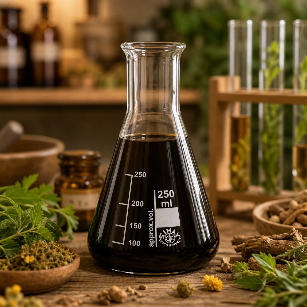 Erlenmeyerkolv 250 ml med smal hals Värmebeständig Erlenmeyerkolv 250ml med svart vätska för naturläkemedel och örtextrakt