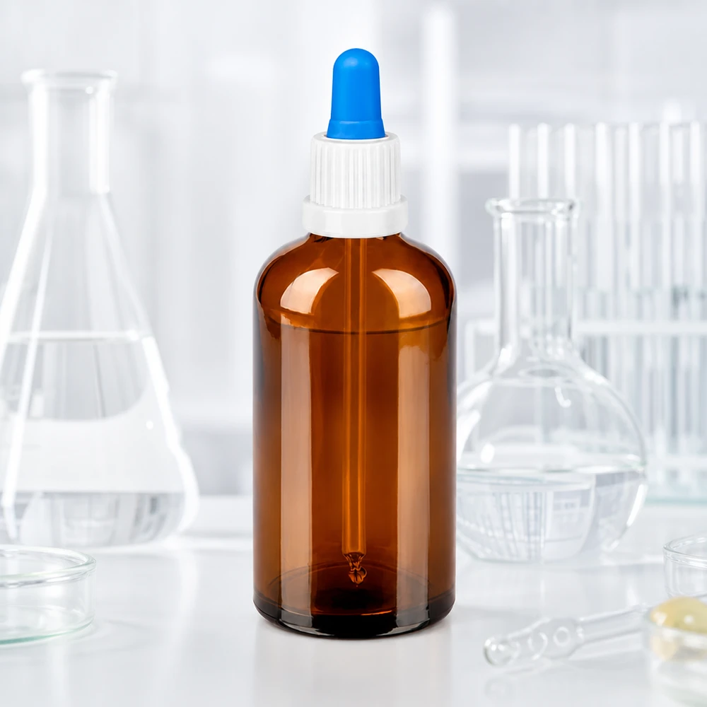 100 ml apoteksflaska av bärnstensfärgat glas med droppipett för exakt vätskemätning