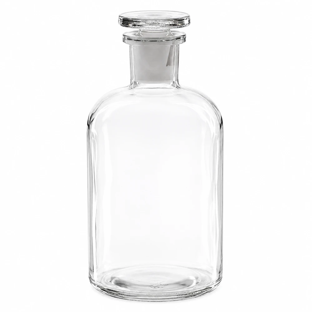 Rundskuldrad flaska, 500 ml, klar, med glaspropp, tillverkad av högkvalitativt borosilikatglas