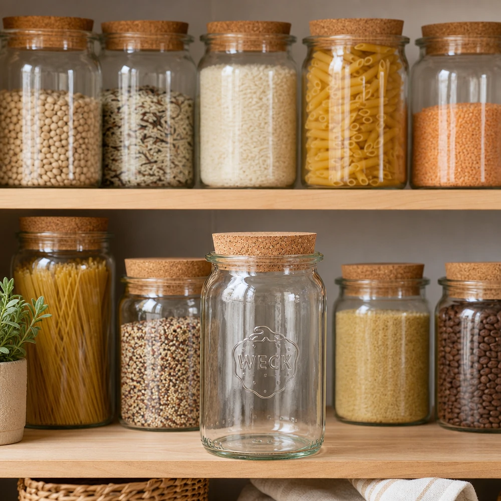 145ml cylinderburk WECK RR40 med kork natur WECK Vorratsglas 145ml in stylischer Küchenorganisation mit Korkverschluss zwischen gefüllten Vorratsgläsern auf Holzreg
