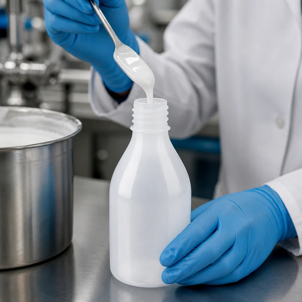 En laboratorietekniker häller upp en vit suspension i en 100 ml smalhalsad laboratorieflaska av plast utan lock