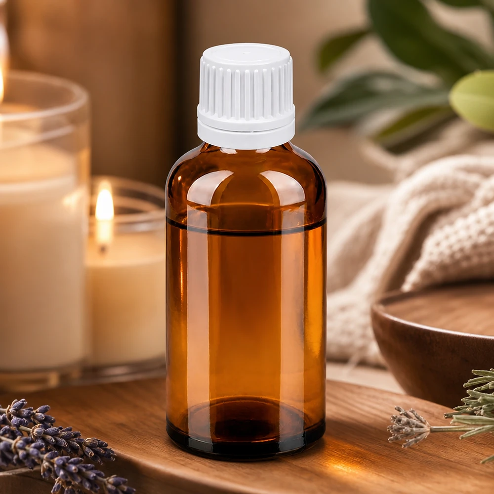 Kompakt 50 ml droppflaska av UV-skyddande bärnstensfärgat glas för säker förvaring av aktiva ingredienser