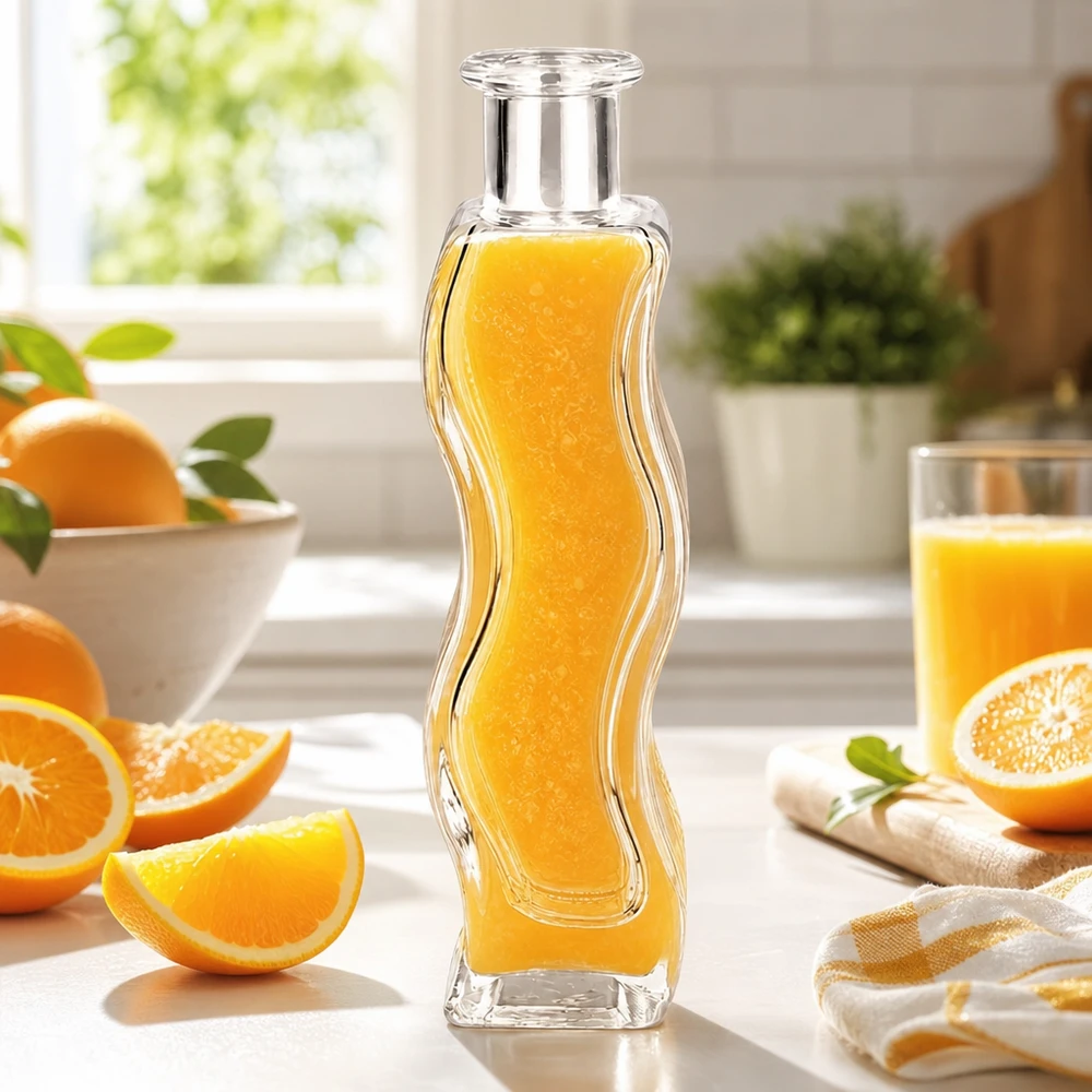 100 ml glasflaska Melissa utan förslutning UNiTWIST® 100 ml glasflaska Melissa fylld med apelsinjuice i ett ljust kök omgivet av färska apelsiner och citrusfrukter