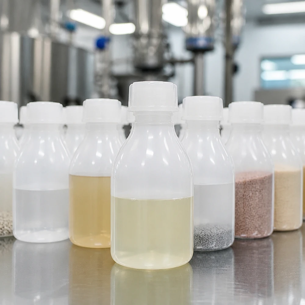 Flera 30 ml skruvflaskor med smal hals, fyllda med olika fyllnadsmaterial och vätskor i laboratoriemiljö