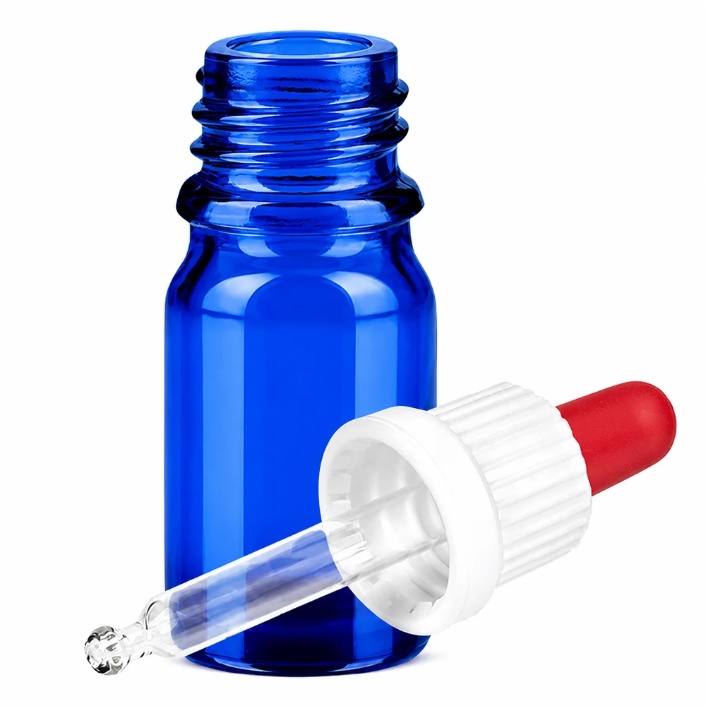 5ml pipettflaska vit/röd med säkerhetsförslutning BlueLine UT18/5 Liten blå glasflaska 5ml med pipett för eteriska oljor och kosmetika BlueLine UT18/5