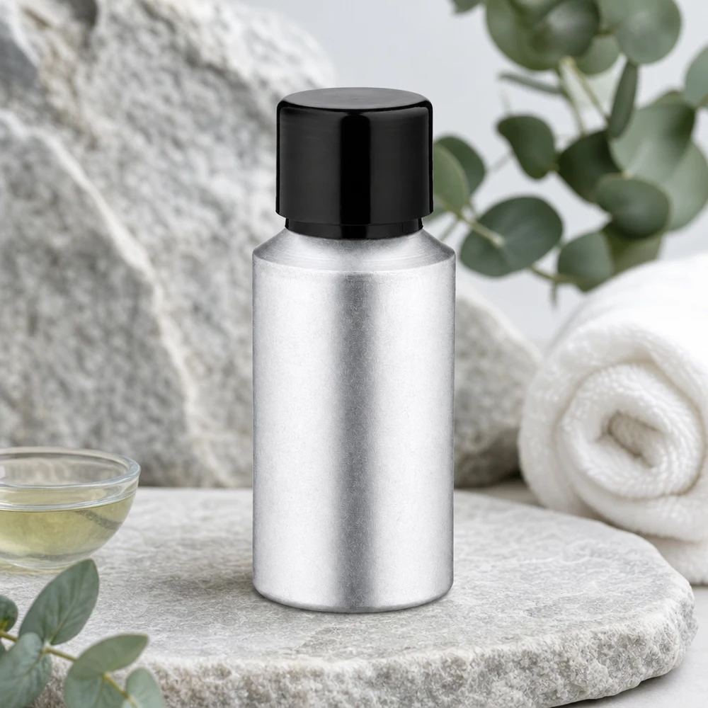 Högkvalitativ 30 ml aluminiumflaska med färgad yta och tät svart skruvkork