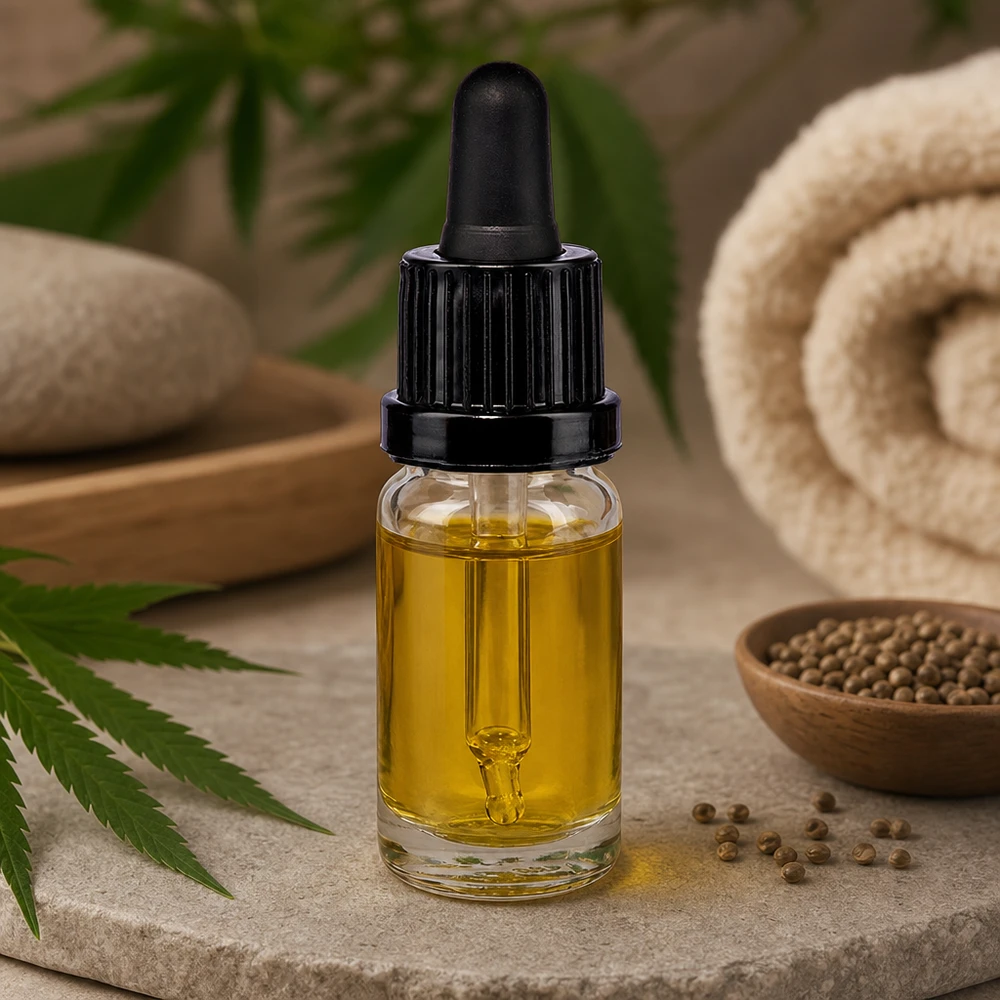 10 ml pipettflaska svart med säkerhetsförslutning ClearLine UT18/10 Genomskinlig 10 ml glasflaska med svart droppkork och hampablad för CBD-olja