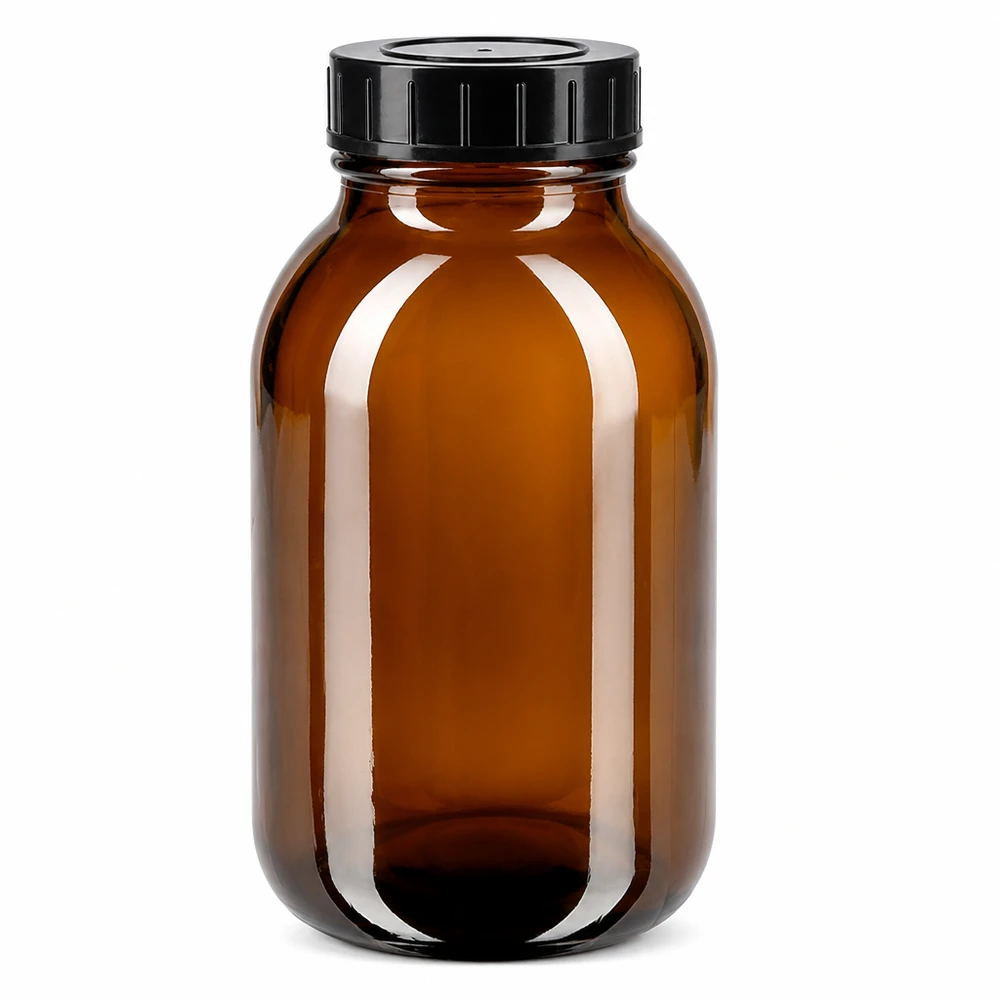 500 ml bredhalsad flaska av bärnstensfärgat glas med svart skruvkork för optimal förvaring