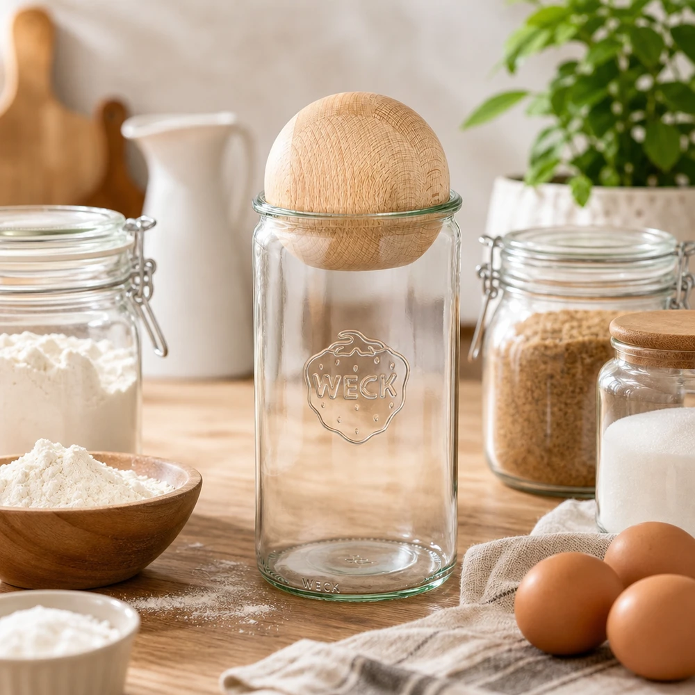 WECK cylinderburk 1590ml RR100 med träkula av bok i bageriköket med mjöl, ägg och bakingredienser