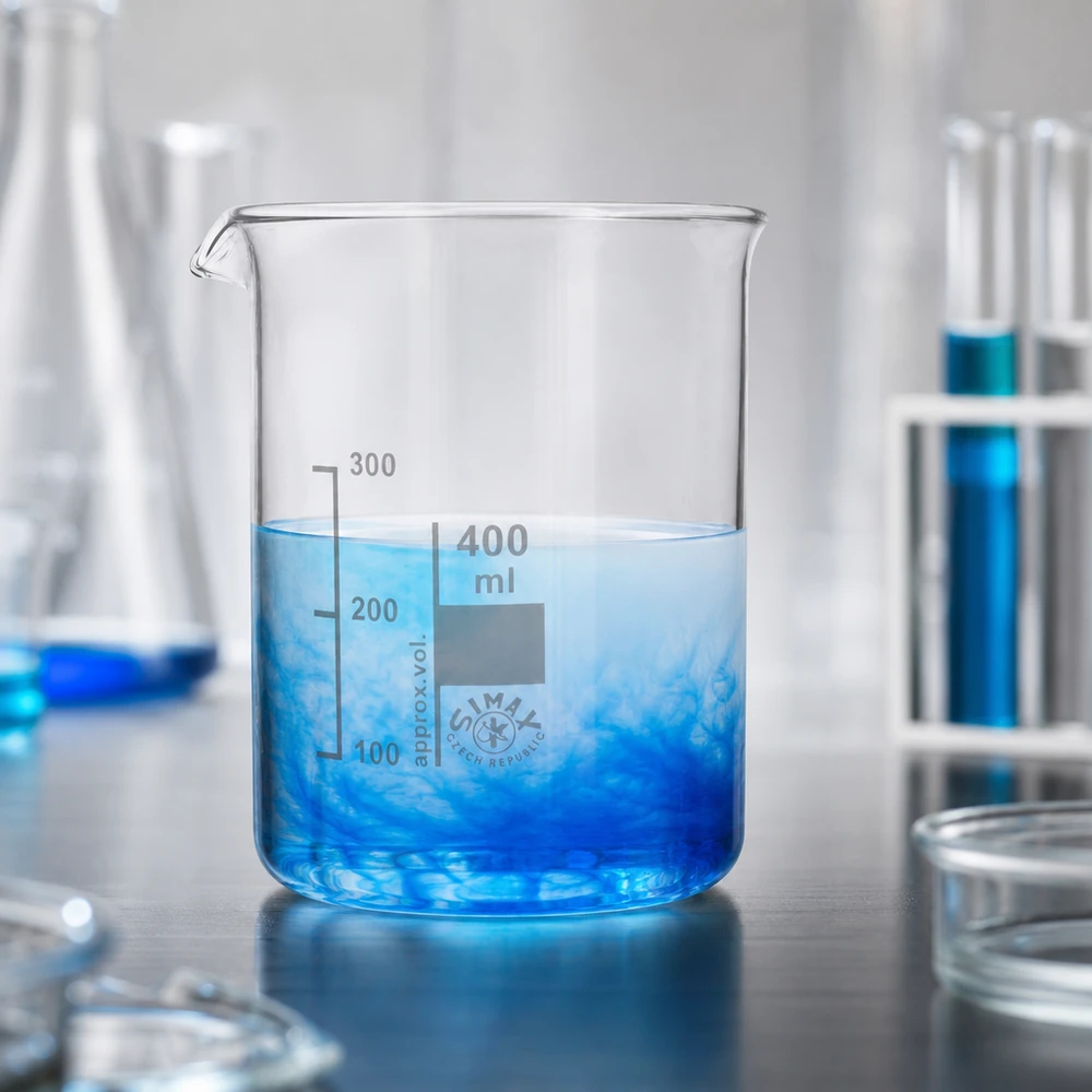 Bägare 400ml borosilikatglas, låg form Transparent 400 ml bägare med blå vätska och tydligt synliga millilitergraderingar