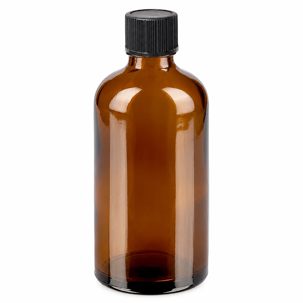 100 ml bärnstensfärgad glasflaska med svart dropplock för eteriska oljor och tinkturer