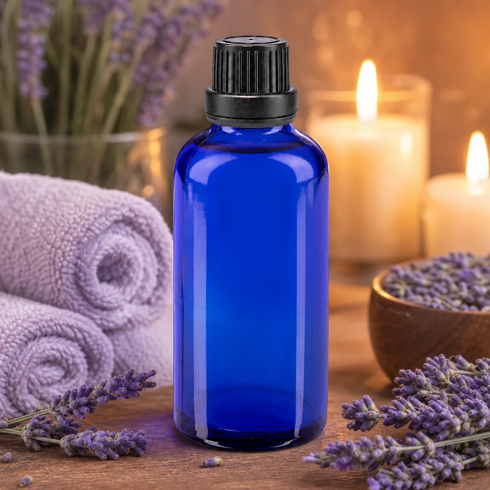 Blå glasflaska på 50 ml med lavendel och ljus i en avslappnande spa-atmosfär