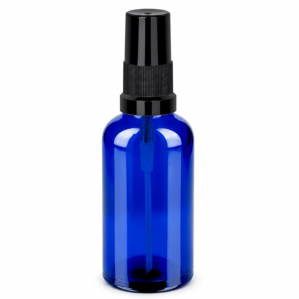 50ml Sprayflaska svart standardlock BlueLine UT18/50 50 ml sprayflaska i blått glas med svart atomiserare för kosmetika och eteriska oljor