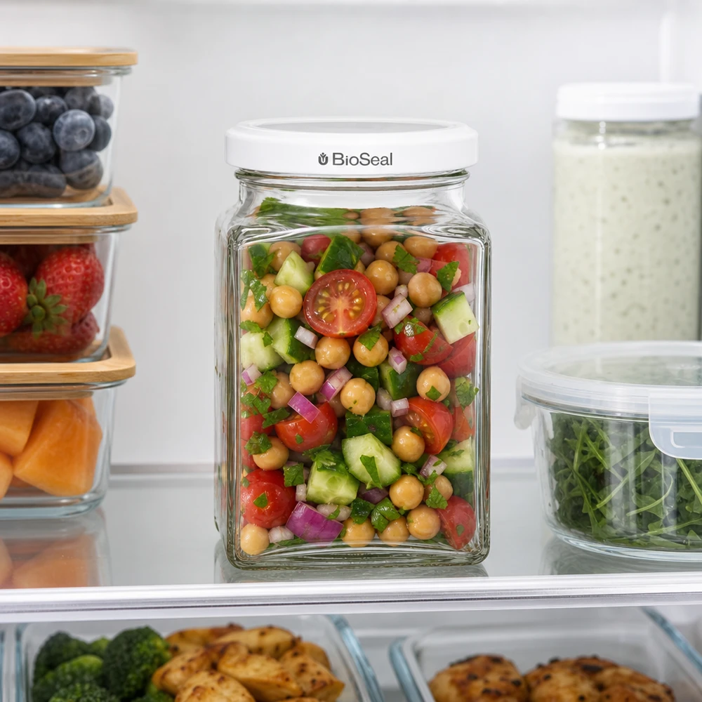 260 ml tetraburk + BioSeal-lock vit UNiTWIST UNiTWIST Tetra260 Vorratsglas im Kühlschrank mit Kichererbsensalat weißer TO58 BioSeal Deckel frische Aufbewahrung