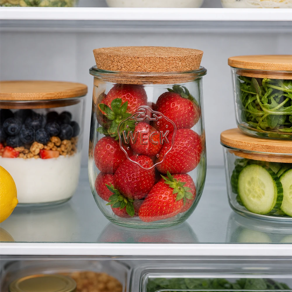1062ml tulpanburk WECK RR100 med naturkork WECK tulpanburk 1062ml RR100 med korklock för förvaring av färska jordgubbar i kylskåpet Meal Prep Organisation