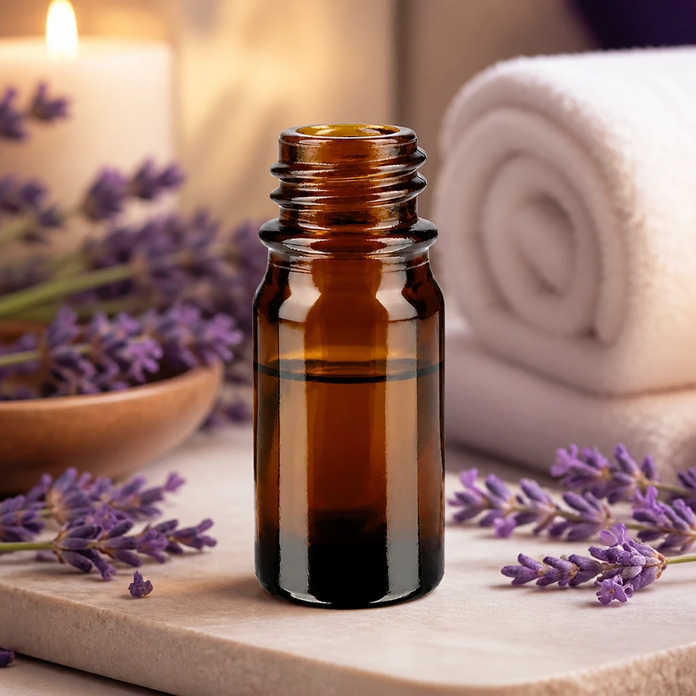 5ml brun apoteksflaska ApoGlas med lavendel och spa-tillbehör för aromaterapi och eteriska oljor