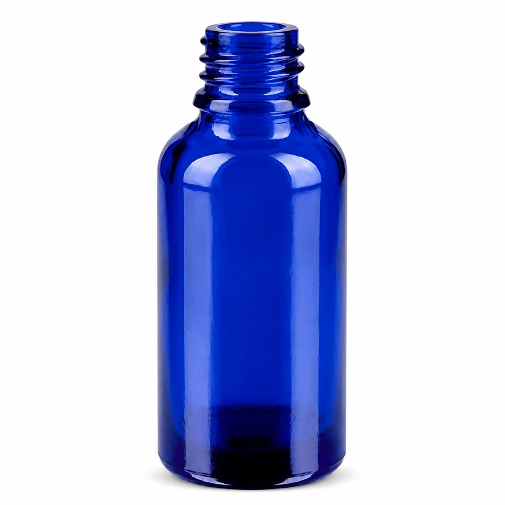 Liten 30 ml glasflaska i blått med 11 mm gängad hals för eteriska oljor och tinkturer