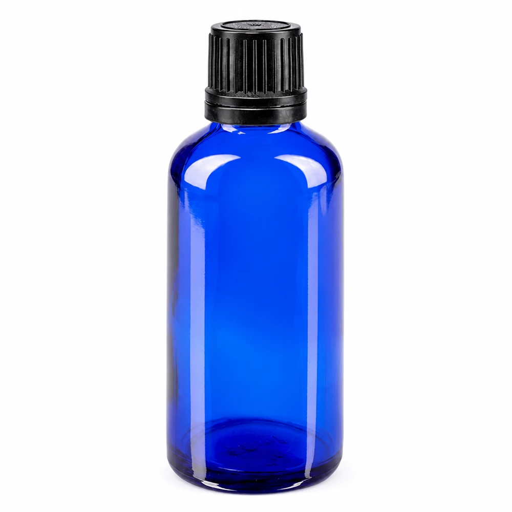 Apoteksflaska blå 50ml skruvkork svart hällring manipuleringssäker förslutning 50 ml blå apotekarflaska i glas med svart originalförslutning (8 mm) för läkemedel och kosmetika