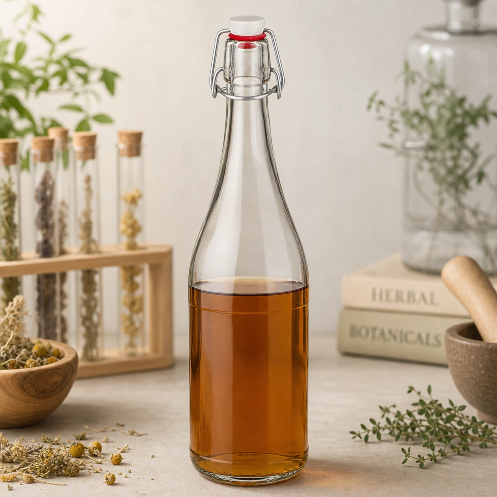750 ml glasflaska med svängbar topp fylld med örtte medicinalväxter botaniska växter stilla liv naturliga ingredienser