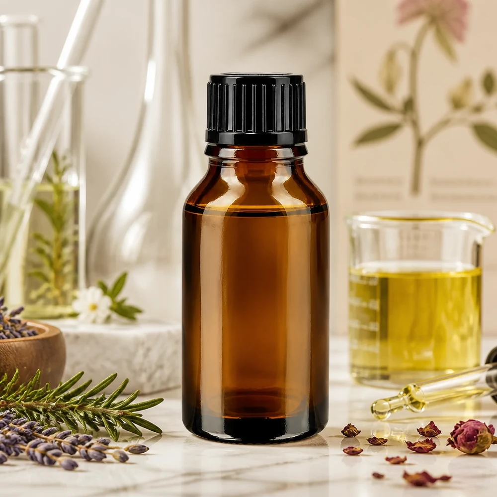 Brun 30 ml apoteksflaska med svart lock bland rosenblad, lavendel och rosmarinkvistar