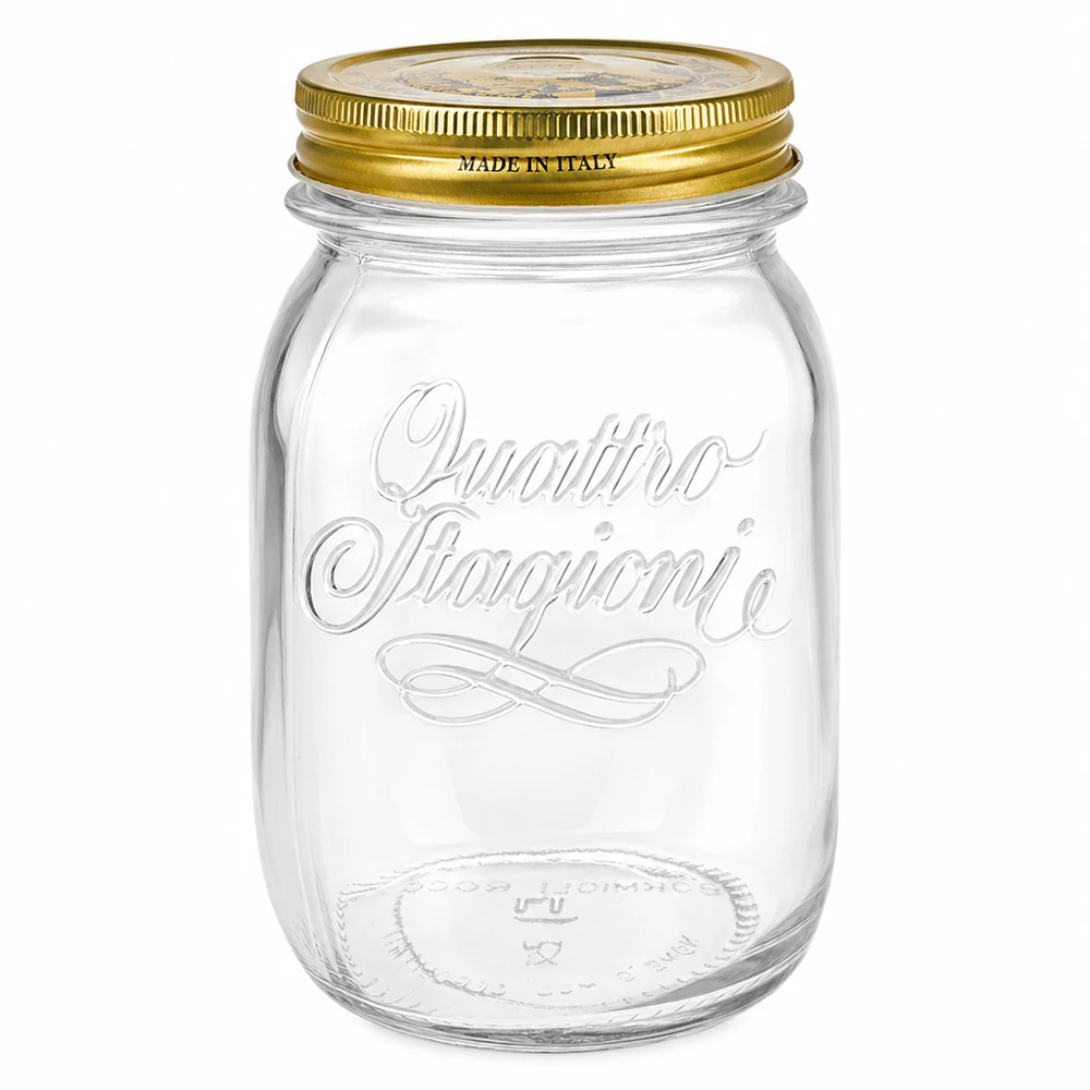 500 ml rund burk "Quattro Stagioni" med lock 500ml rund burk Quattro Stagioni med gyllene skruvlock Made in Italy Konserveringsburk Förvaringsburk transparent
