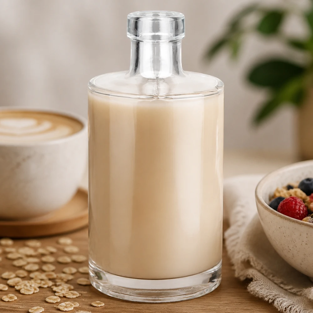 350 ml glasflaska Marie utan lock UNiTWIST® 350 ml glasflaska Marie fylld med krämig havremjölk bredvid kaffekopp och flingskål Lifestyle Bild 3 av 10