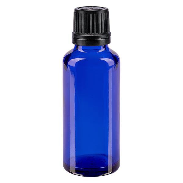 Apoteksflaska blå 30ml skruvkork svart hällring tamper-evident stängning Apoteksflaska blå 30ml skruvkork svart hällring tamper-evident stängning