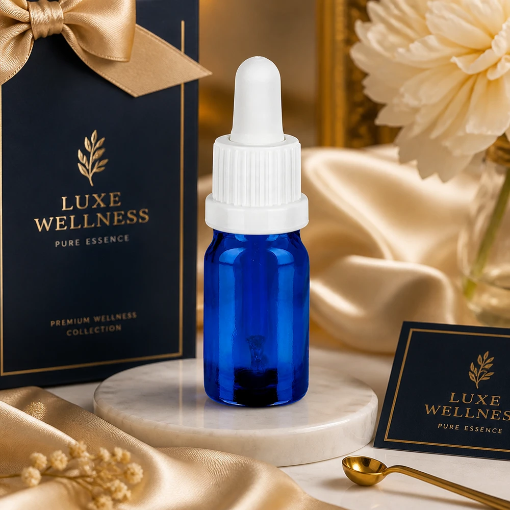 Högkvalitativ 5 ml pipettflaska av UV-skyddande blått glas med vitt pipettlock för serum