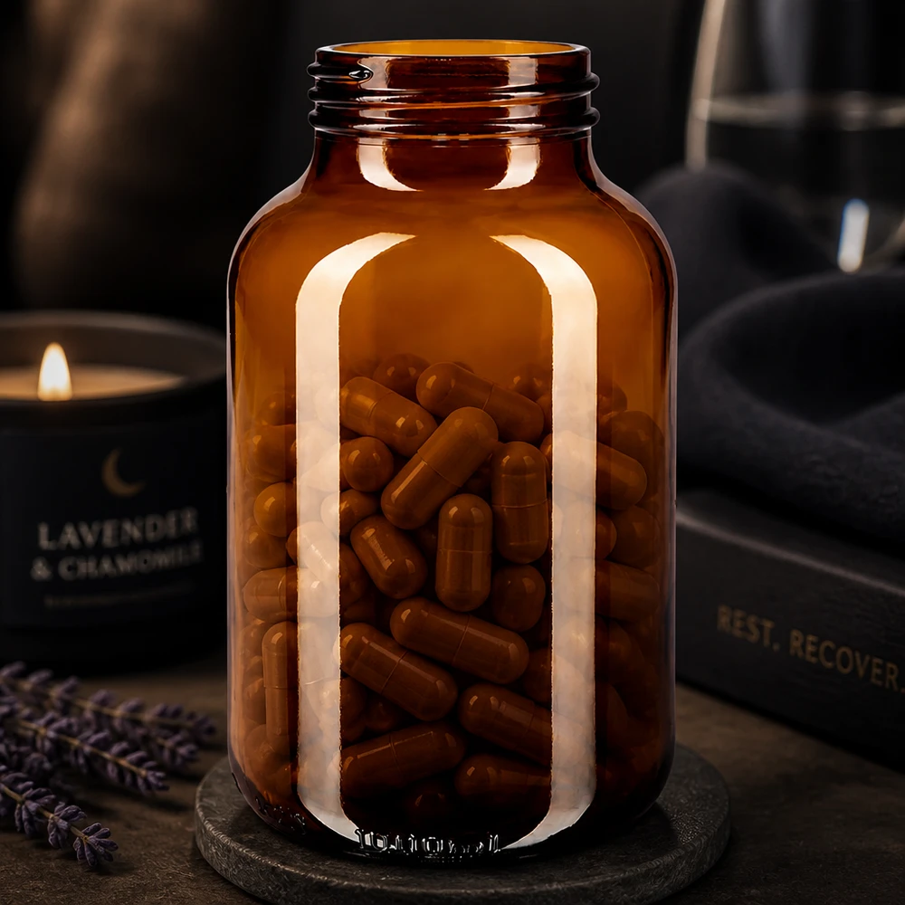 1000ml flaska med bred hals bärnstensfärgat glas Stor 1000 ml apoteksflaska i bärnstensfärgat glas, idealisk för professionell förvaring av mediciner