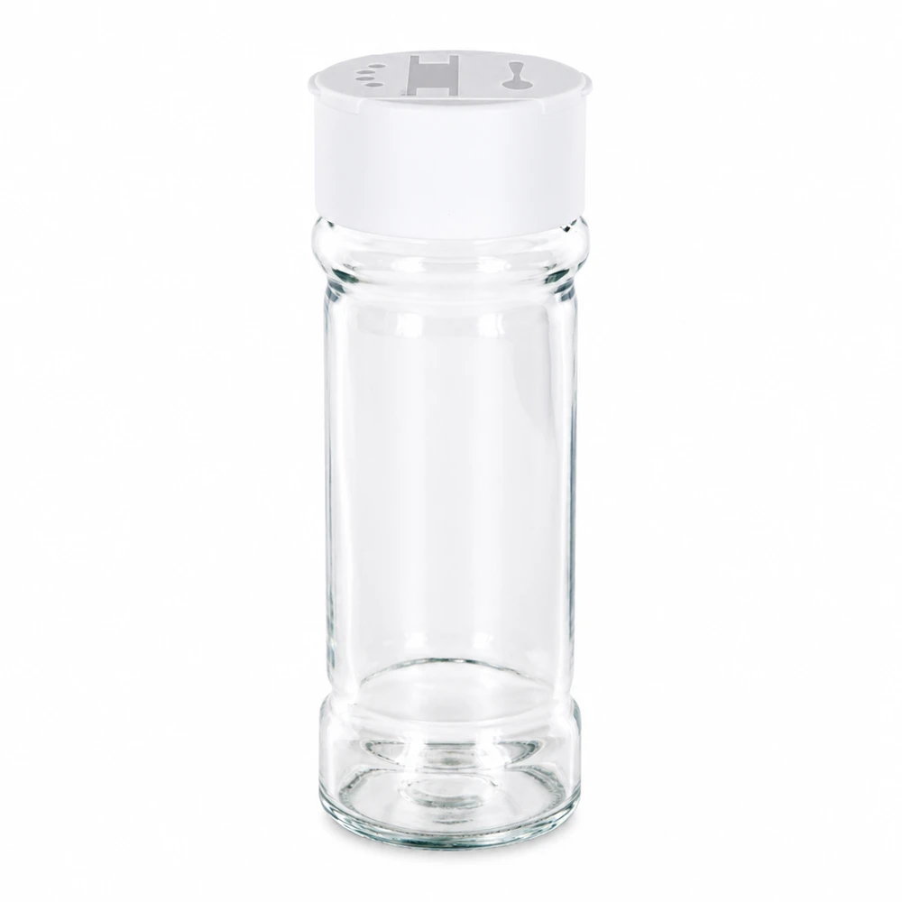 Salt- och kryddburk 100 ml med dubbel ströare, vit Tom kryddburk på 100 ml i klart glas med vitt lock med dubbla ströare