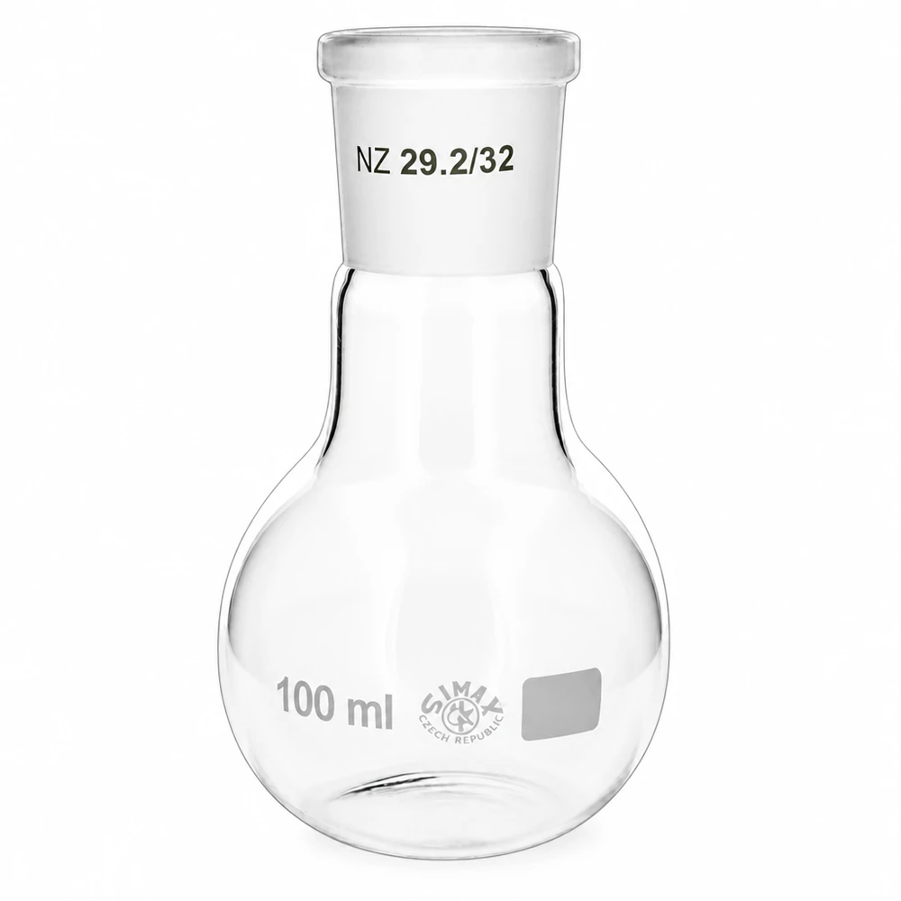 Stående kolv 100ml med standardslipad fog (29/32) Rundkolv 100ml med NS 29/32 slipad fog - transparent laboratorieglas för destillation och syntes