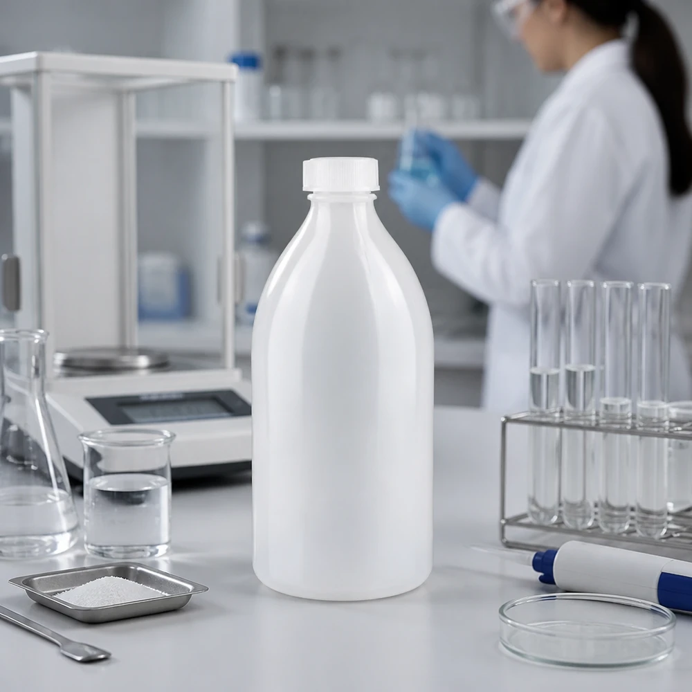Laboraufbau mit 500ml Enghals Schraubflasche Metallschale Pulver und Pipette