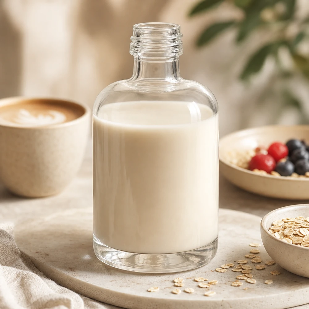 40 ml glasflaska Sara utan skruvlock UNiTWIST® 40ml Glasflasche Sara mit cremiger Hafermilch befüllt in natürlicher Küchenszene mit Müsli und Kaffee ohne Verschluss