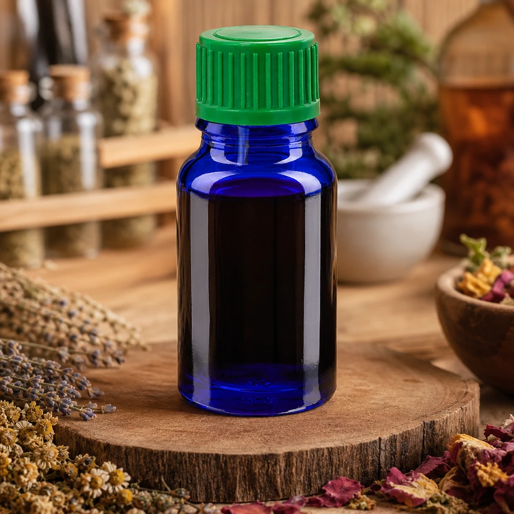 Högkvalitativ blå glasflaska 10ml med grön dropplock för naturläkemedel