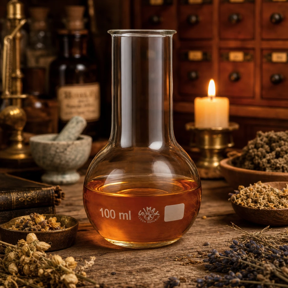 Höftkolv 100ml med bred hals Exakt 100 ml laboratoriekolv med bred hals i bärnstensfärgad vätska för kemiska analyser