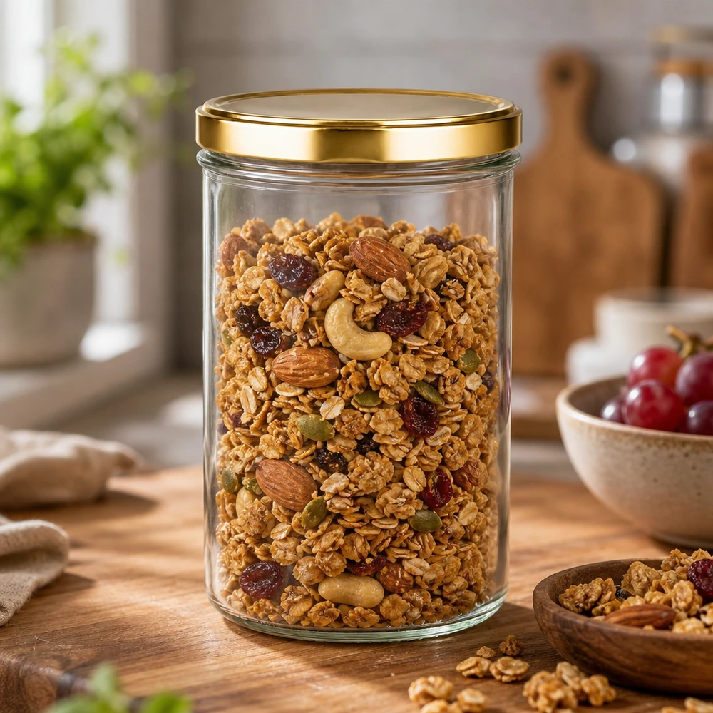 277 ml murarburk med gyllene UNiTWIST-lock fylld med müsli, nötter och torkad frukt som förvaringsburk i köket